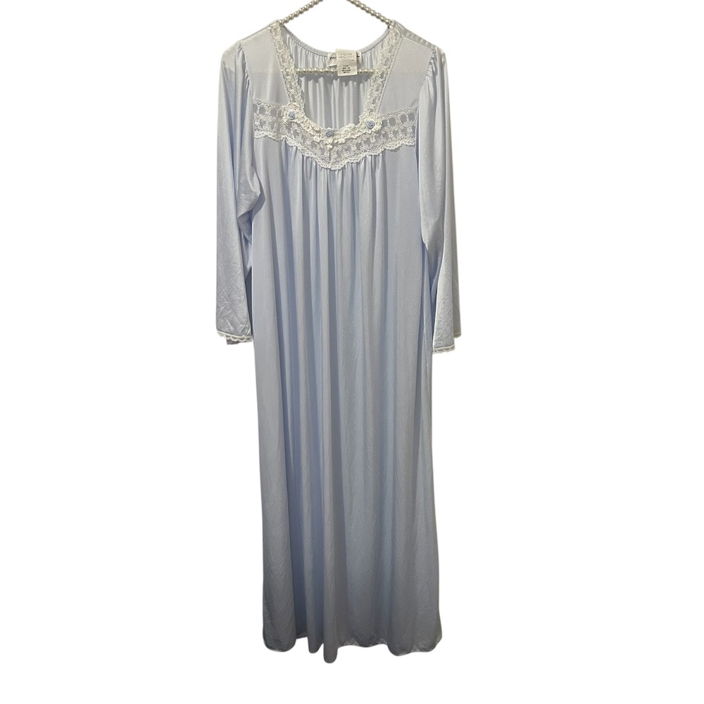 Miss Elaine vintage Blue satin Lace Rosette Long Nightgown Medium conservative